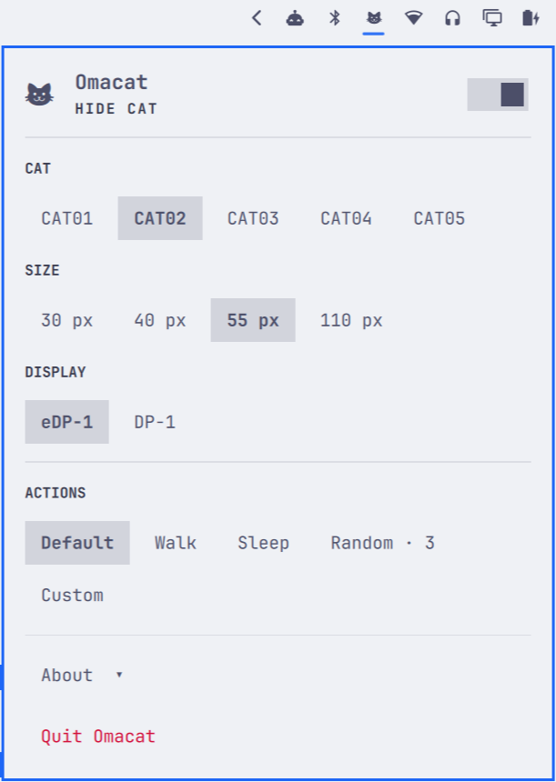 Omacat settings panel in the Omarchy top bar, showing the cat visibility switch, cat, size, display and action choices